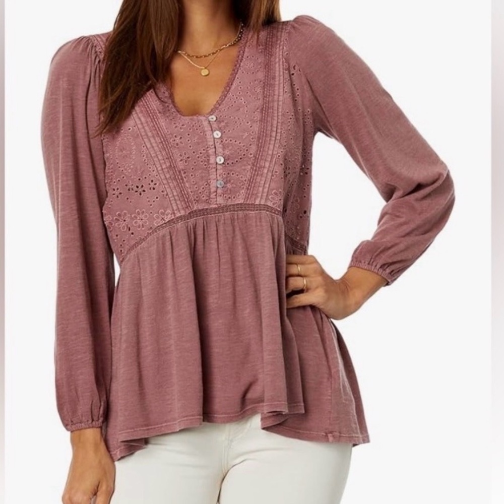 Lucky Brand Rosewood Eyelet Peasant Top